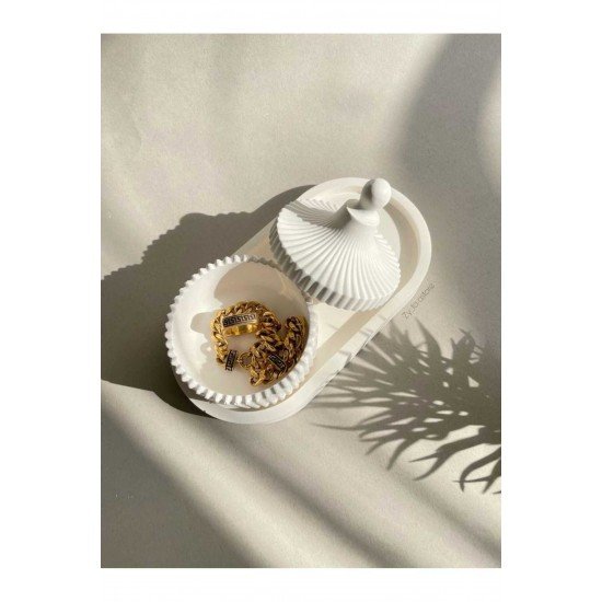 Beyaz Sunumluk Set 3lü Dekoratif Obje Biblo Dekor