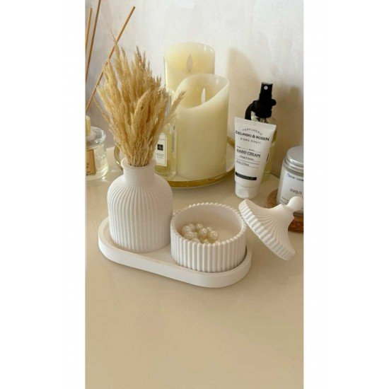 Beyaz Sunumluk Set 3lü Dekoratif Obje Biblo Dekor