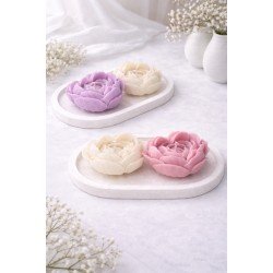 Tabaklı Gül Mum Seti – Mor&Pembe & Beyaz | El Yapımı Dekoratif Mum