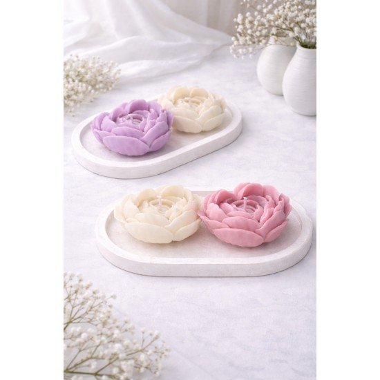 Tabaklı Gül Mum Seti – Mor&Pembe & Beyaz | El Yapımı Dekoratif Mum