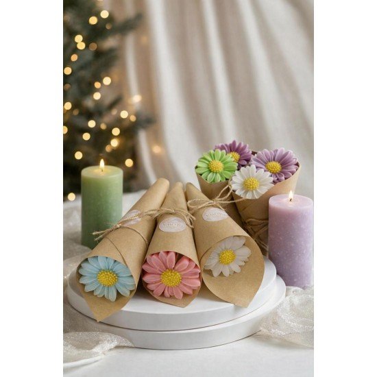 Karışık Renkli 5’li Papatya Buket Mum | Nişan, Düğün, Kına, Baby Shower Hediyelik