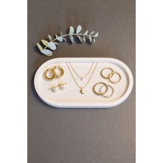 Takı Tabağı Dekoratif Bohem Takılık Organizer Düzenleyici Beton Tepsi Beyaz