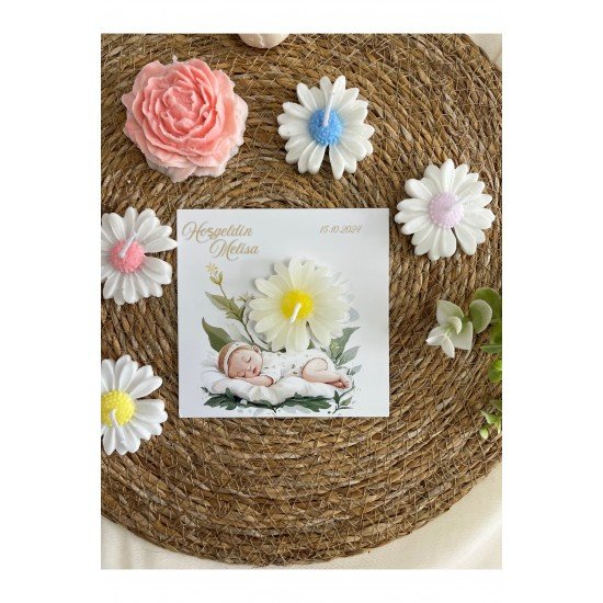 10 Adet Özel Tasarlanmış Kart Ve Papatya Mum. Bebek Doğum, Babyshower, Doğum Günü, Hediyelik