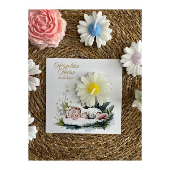 10 Adet Özel Tasarlanmış Kart Ve Papatya Mum. Bebek Doğum, Babyshower, Doğum Günü, Hediyelik