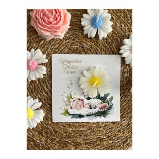 10 Adet Özel Tasarlanmış Kart Ve Papatya Mum. Bebek Doğum, Babyshower, Doğum Günü, Hediyelik