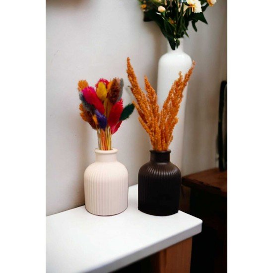 DEKORATİF MİNİMAL PAMPAS KURU ÇİÇEK SİYAH BOYALI VE HAM BEYAZ 2'Lİ ÇİZGİLİ VAZO