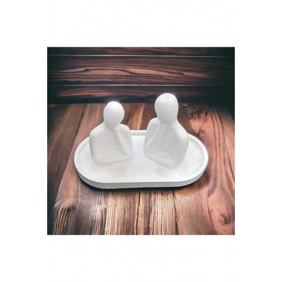Dekoratif 2 Kişilik Heykel Obje Biblo Aile ve Yatay Sunum Tepsisi