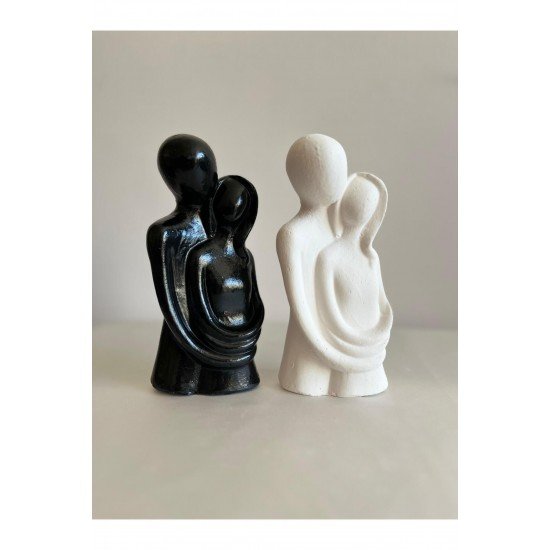 Sevgili Aşıklar Sarılmış Biblo Dekor biblo -Siyah Beyaz 20 cm 2 Li Set