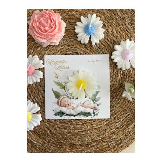 10 Adet Özel Tasarlanmış Kart Ve Papatya Mum. Bebek Doğum, Babyshower, Doğum Günü, Hediyelik