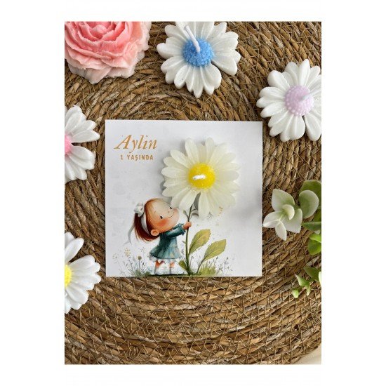 10 Adet Özel Tasarlanmış Kart Ve Papatya Mum. Bebek Doğum, Babyshower, Doğum Günü, Hediyelik