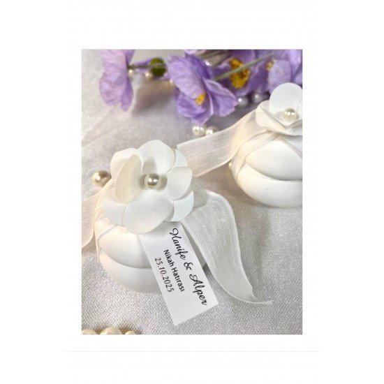 Hediyelik Nişan Düğün Kına Doğum Günü İçin Oval Kapaklı Çiçek Detaylı Mumluk 10 Adet