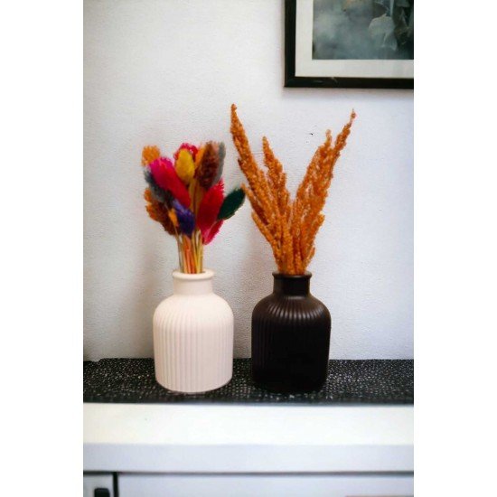 DEKORATİF MİNİMAL PAMPAS KURU ÇİÇEK SİYAH BOYALI VE HAM BEYAZ 2'Lİ ÇİZGİLİ VAZO