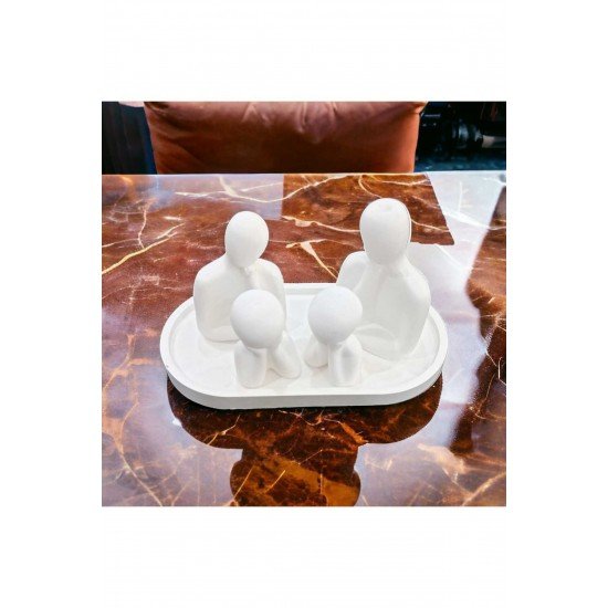 Dekoratif 4 Kişilik Beton Heykel Obje Biblo Aile ve Yatay Sunum Tepsisi