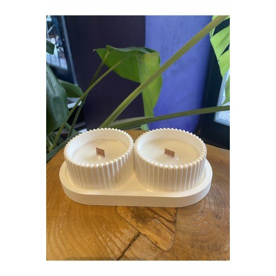 Dekoratif Hediyelik Sunum Atlığı Ve Kase Soya Mumu 3 Parça Set, Hediyelik Mum