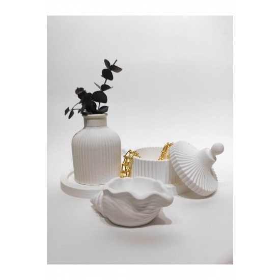 4'lü Beyaz Pinterest Ev Dekorasyon Set Küçük Vazo, Küçük Takı Kutusu, Altlık Tabak, Deniz Kabuğu