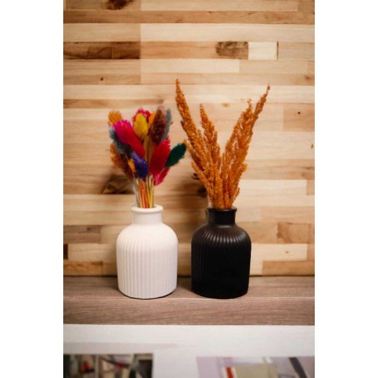 DEKORATİF MİNİMAL PAMPAS KURU ÇİÇEK SİYAH BOYALI VE HAM BEYAZ 2'Lİ ÇİZGİLİ VAZO