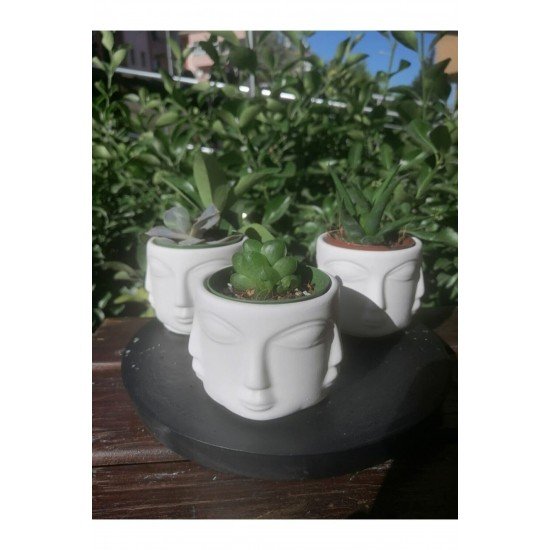 Seramik Bazlı Yüzler Figürlü 3'lü Küçük Adler Saksı