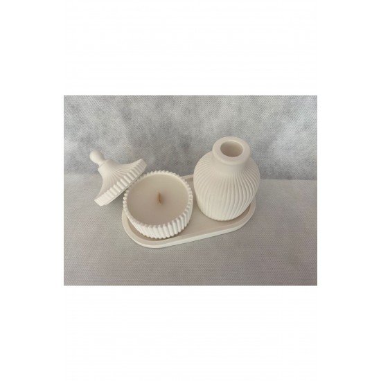 Krem Renk Özel Tasarım Kokulu Mum ve Vazo Üçlü Aksesuar Seti