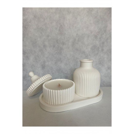 Krem Renk Özel Tasarım Kokulu Mum ve Vazo Üçlü Aksesuar Seti