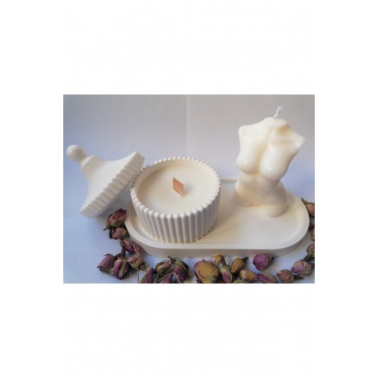 Dekoratif Hediyelik Dekoratif Kavanoz Venüs Kadın Motifli Kokulu Soya Mumu Ve Sunum Altlığı 4 Parça